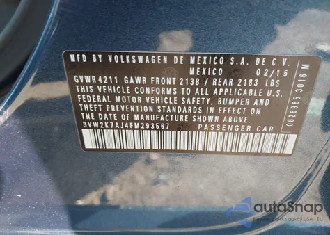 2015 Volkswagen Jetta 2.0L S из США, поврежденный, VIN 3VW2K7AJ4FM293567